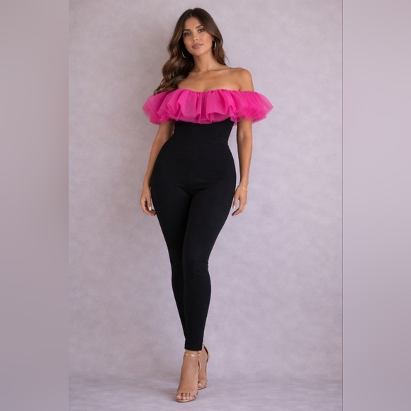 Pants - Off-Shoulder Pink Ruffle Bodysuit Jumpsuit